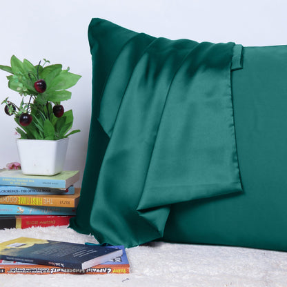Luxury Soft Plain Satin Silk Pillowcases in Set of 2 - Darkest Spruce