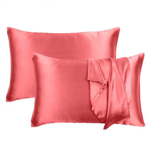 Luxury Soft Plain Satin Silk Pillowcases in Set of 2 - Deep Sea Coral