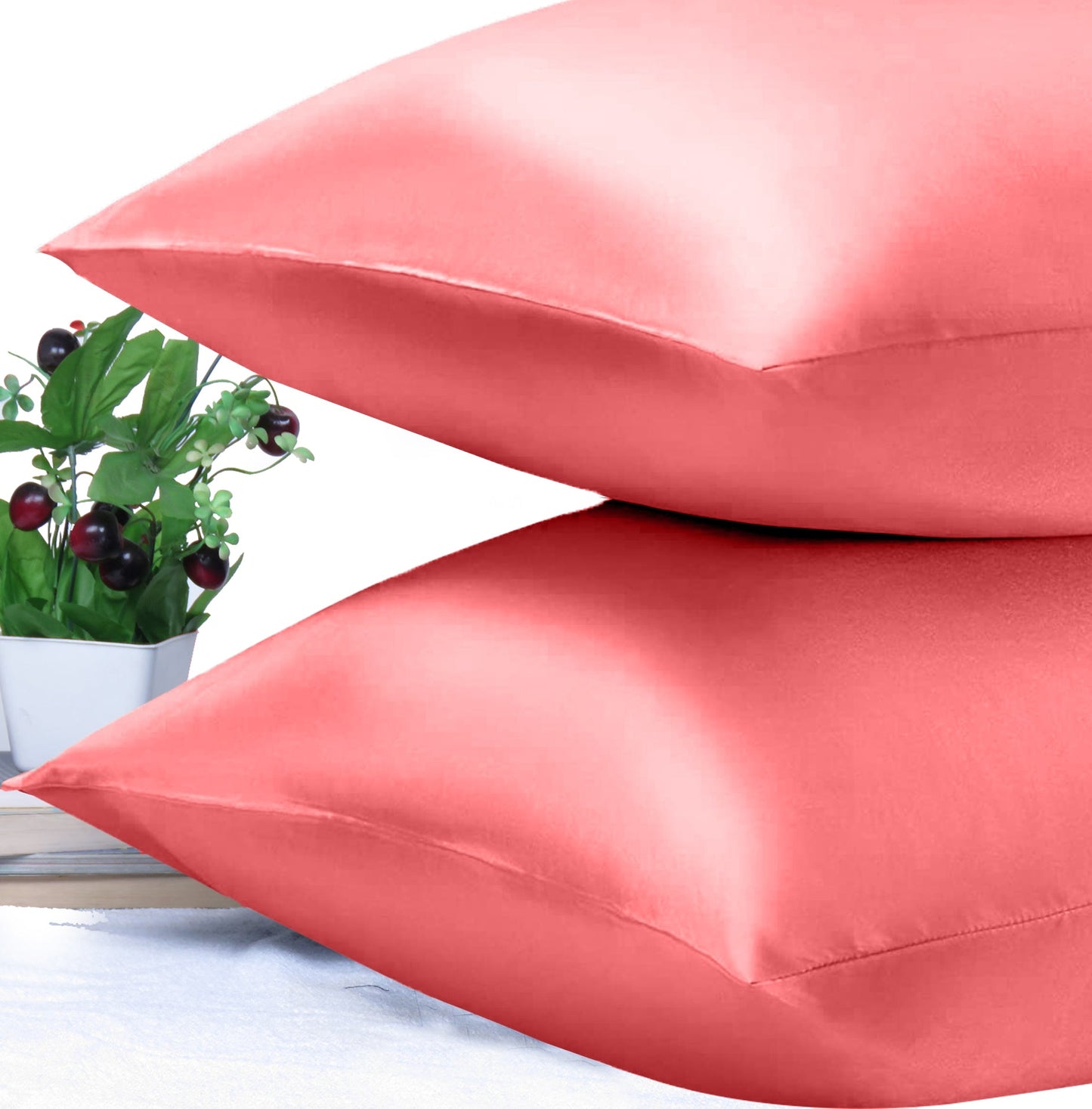 Luxury Soft Plain Satin Silk Pillowcases in Set of 2 - Deep Sea Coral
