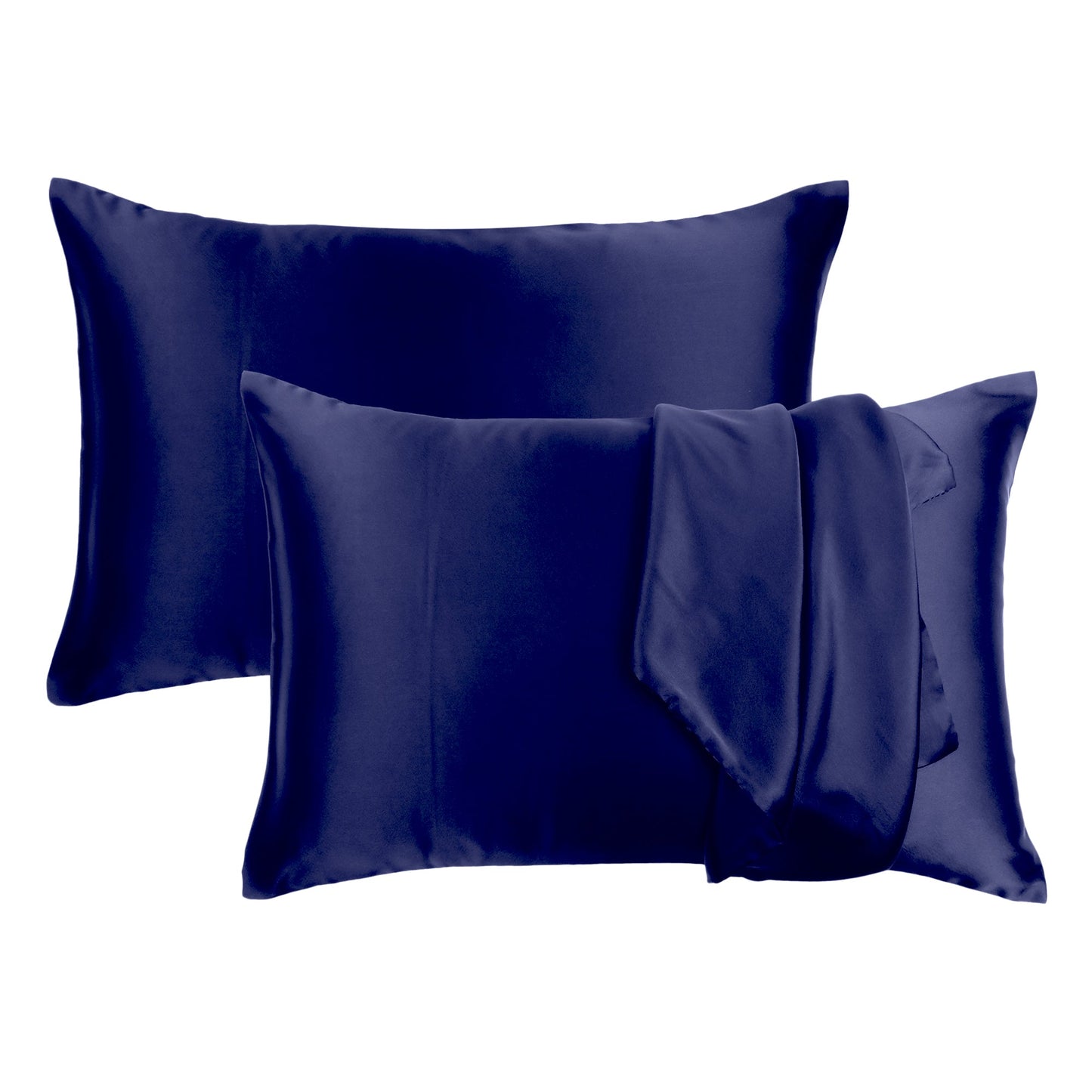 Luxury Soft Plain Satin Silk Pillowcases in Set of 2 - Navy Blue