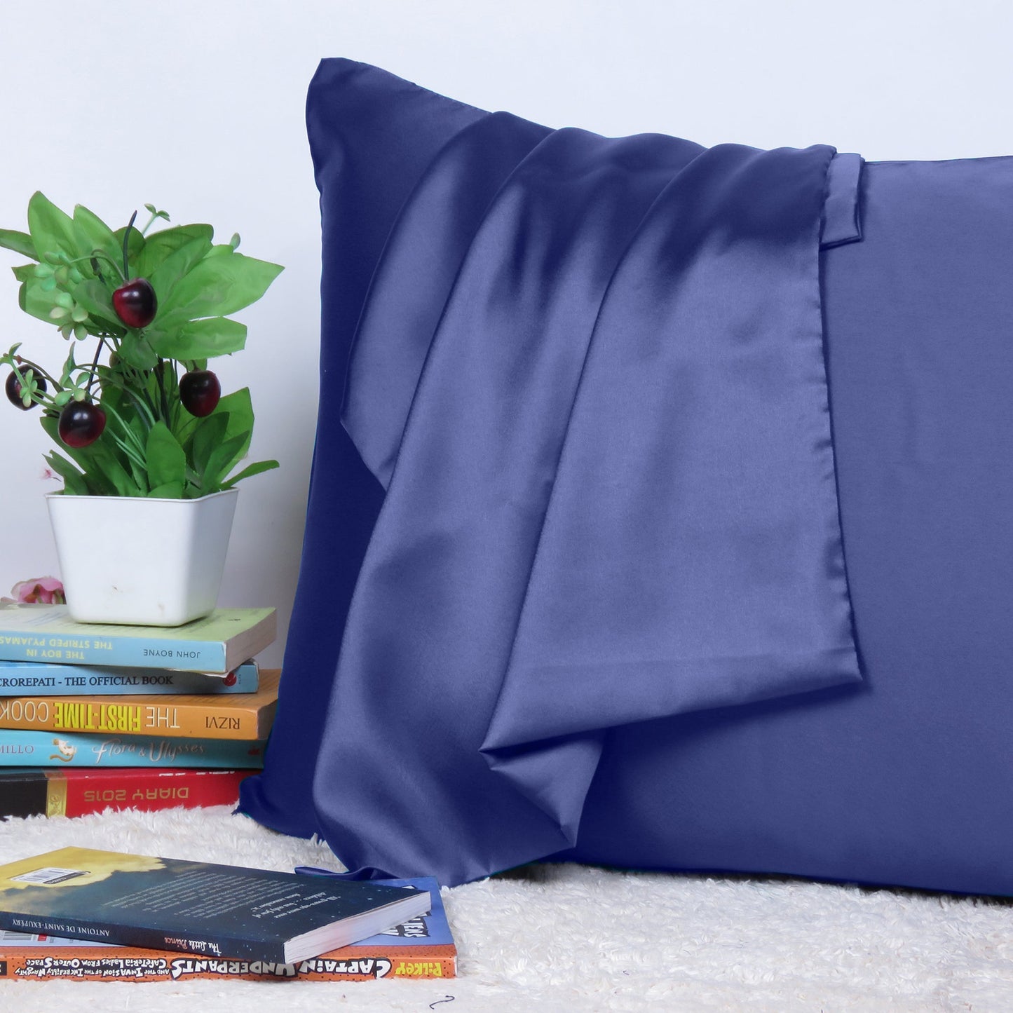 Luxury Soft Plain Satin Silk Pillowcases in Set of 2 - Navy Blue