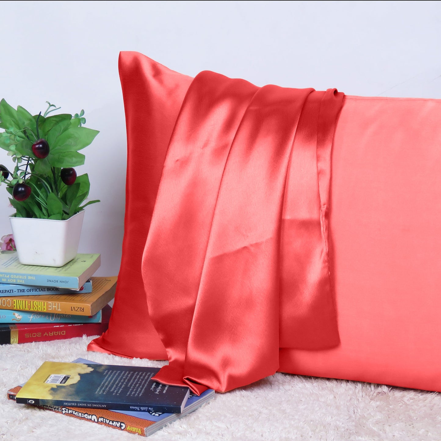 Luxury Soft Plain Satin Silk Pillowcases in Set of 2 - Poppy Red
