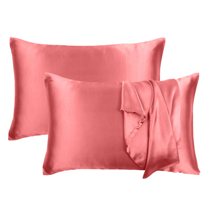 Luxury Soft Plain Satin Silk Pillowcases in Set of 2 - Sugar Coral
