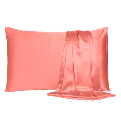 Luxury Soft Plain Satin Silk Pillowcases in Set of 2 - Salmon Rose