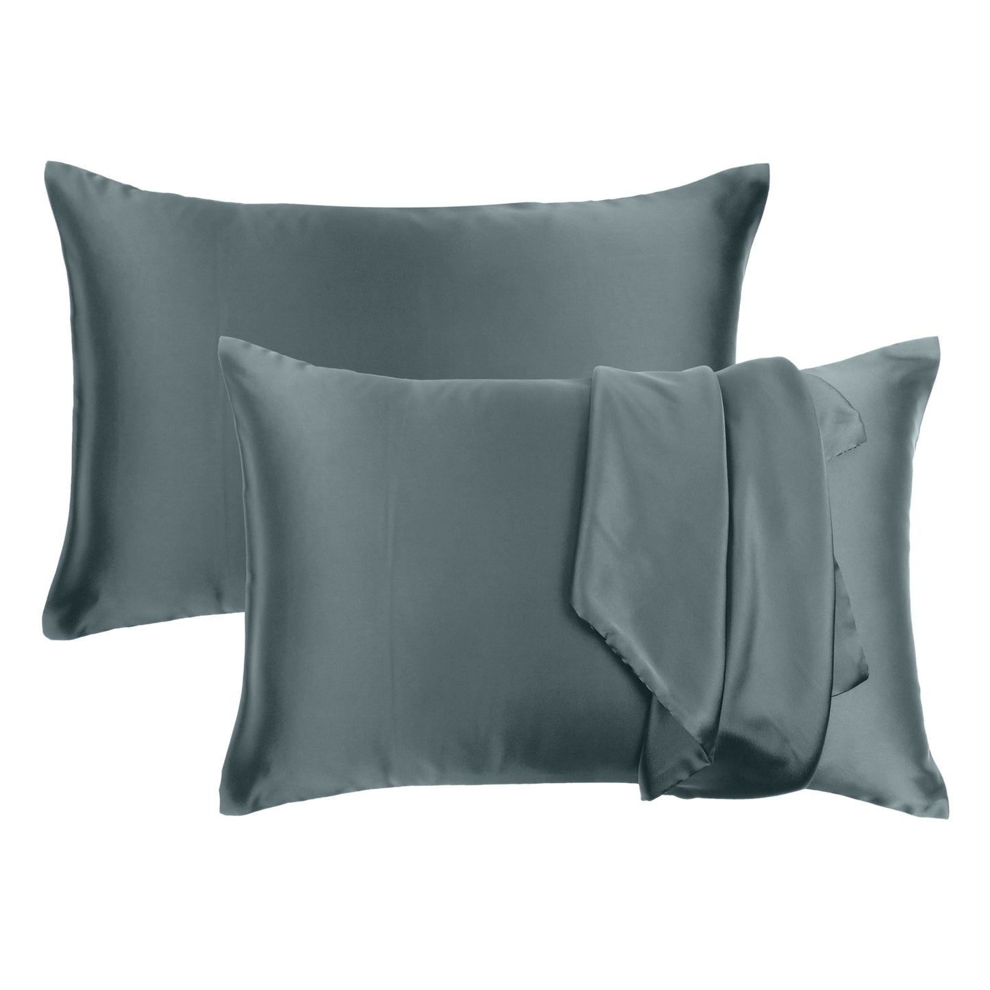 Luxury Soft Plain Satin Silk Pillowcases in Set of 2 - Steel Gray