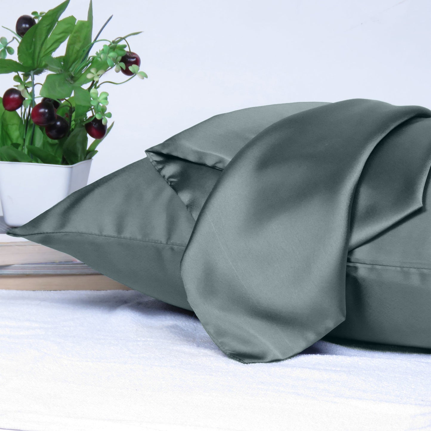 Luxury Soft Plain Satin Silk Pillowcases in Set of 2 - Steel Gray