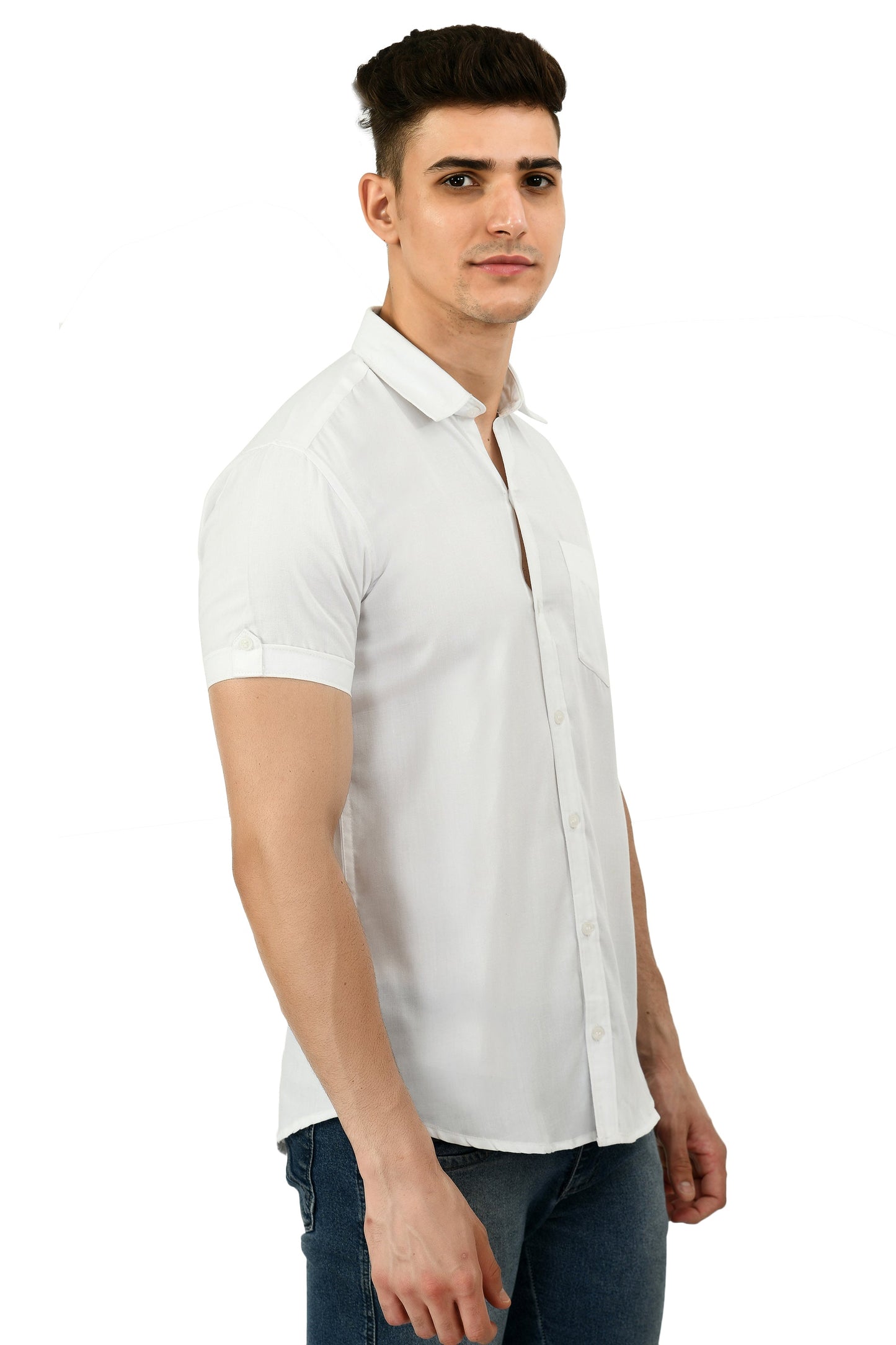 Short Sleeve Cotton Spread Collar Men's Shirt - White