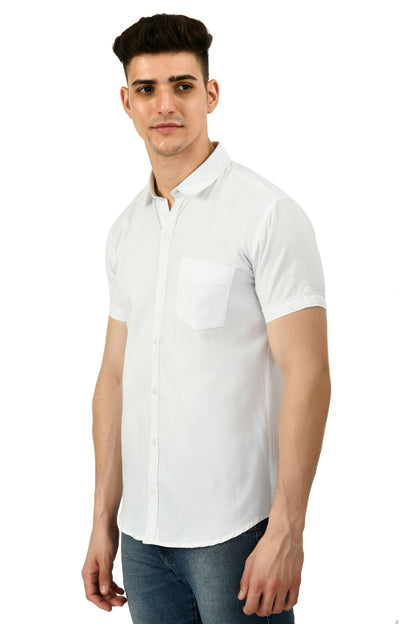 Short Sleeve Cotton Spread Collar Men's Shirt - White