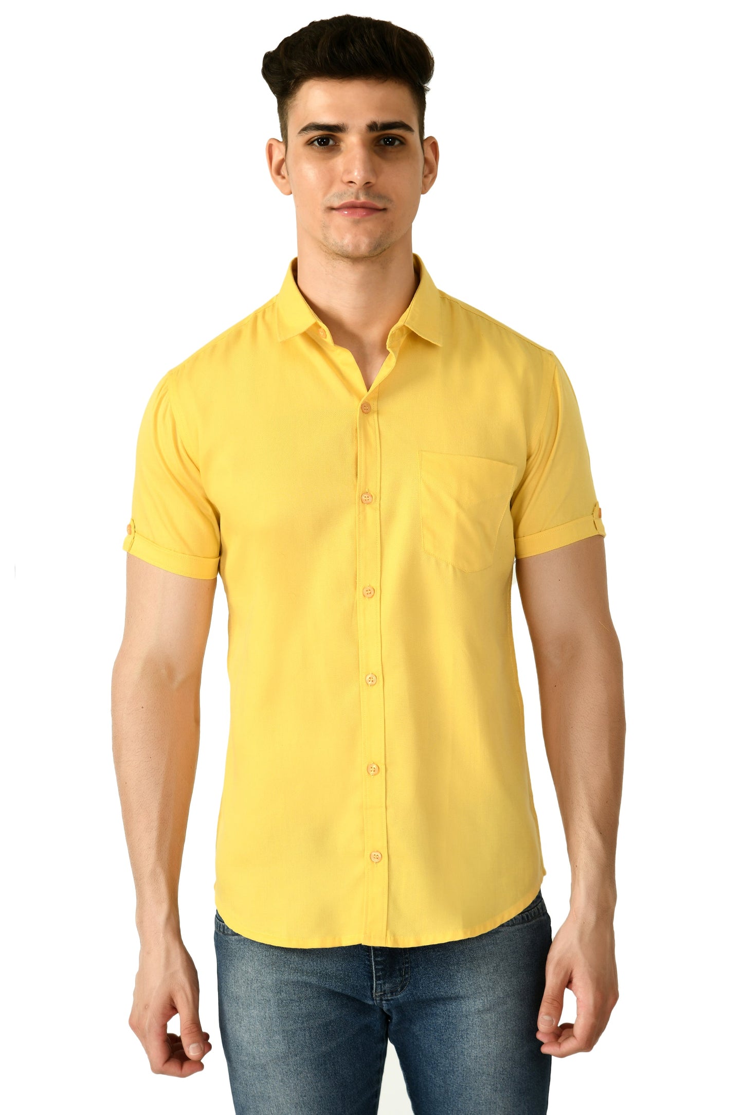 Short Sleeve Cotton Spread Collar Men's Shirt - Yellow