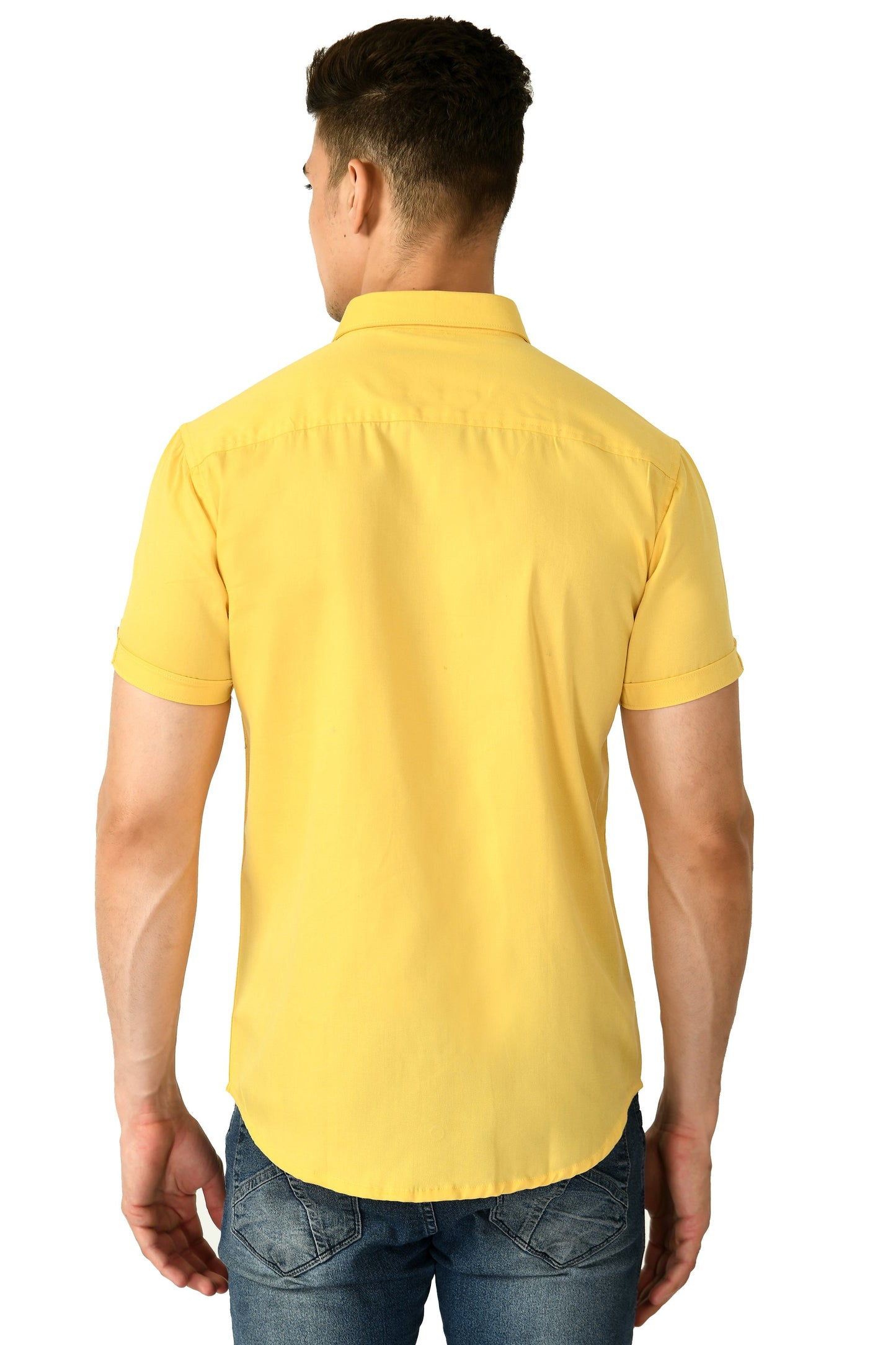 Short Sleeve Cotton Spread Collar Men's Shirt - Yellow