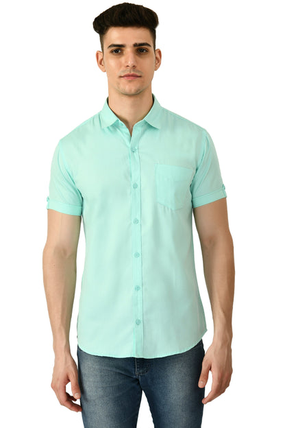 Short Sleeve Cotton Spread Collar Men's Shirt - Aqua Blue