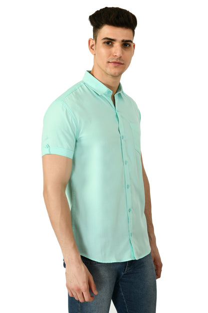 Short Sleeve Cotton Spread Collar Men's Shirt - Aqua Blue