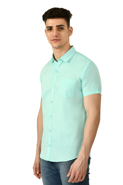 Short Sleeve Cotton Spread Collar Men's Shirt - Aqua Blue