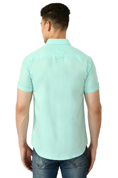 Short Sleeve Cotton Spread Collar Men's Shirt - Aqua Blue