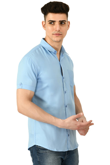 Short Sleeve Cotton Spread Collar Men's Shirt - Light Blue