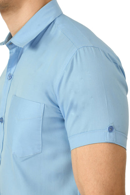 Short Sleeve Cotton Spread Collar Men's Shirt - Light Blue