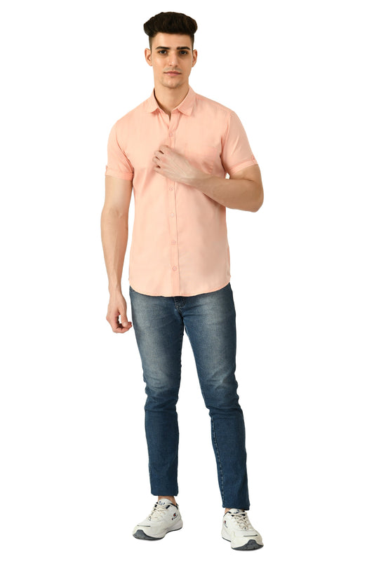 Short Sleeve Cotton Spread Collar Men's Shirt - Peach