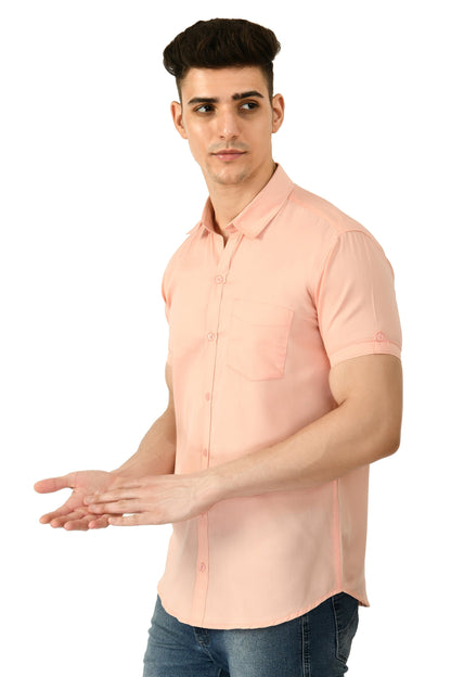 Short Sleeve Cotton Spread Collar Men's Shirt - Peach