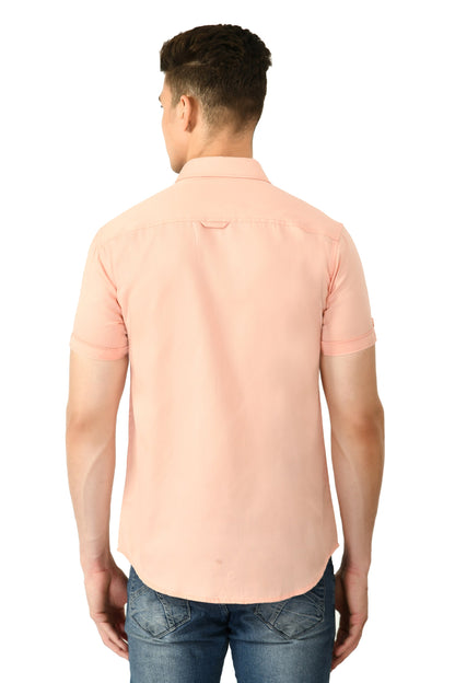 Short Sleeve Cotton Spread Collar Men's Shirt - Peach