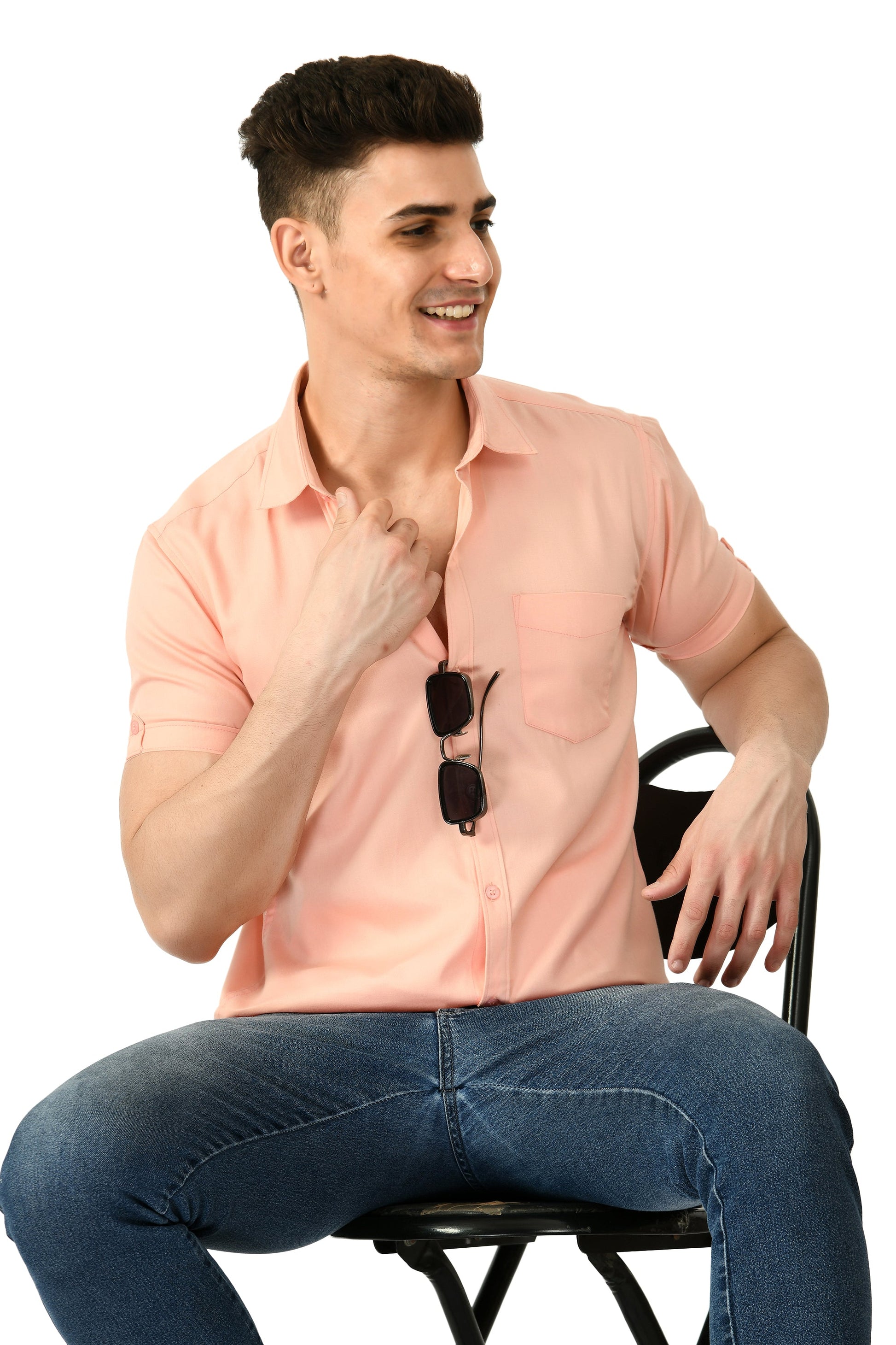 Short Sleeve Cotton Spread Collar Men's Shirt - Peach