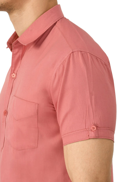 Short Sleeve Cotton Spread Collar Men's Shirt - Dark Peach