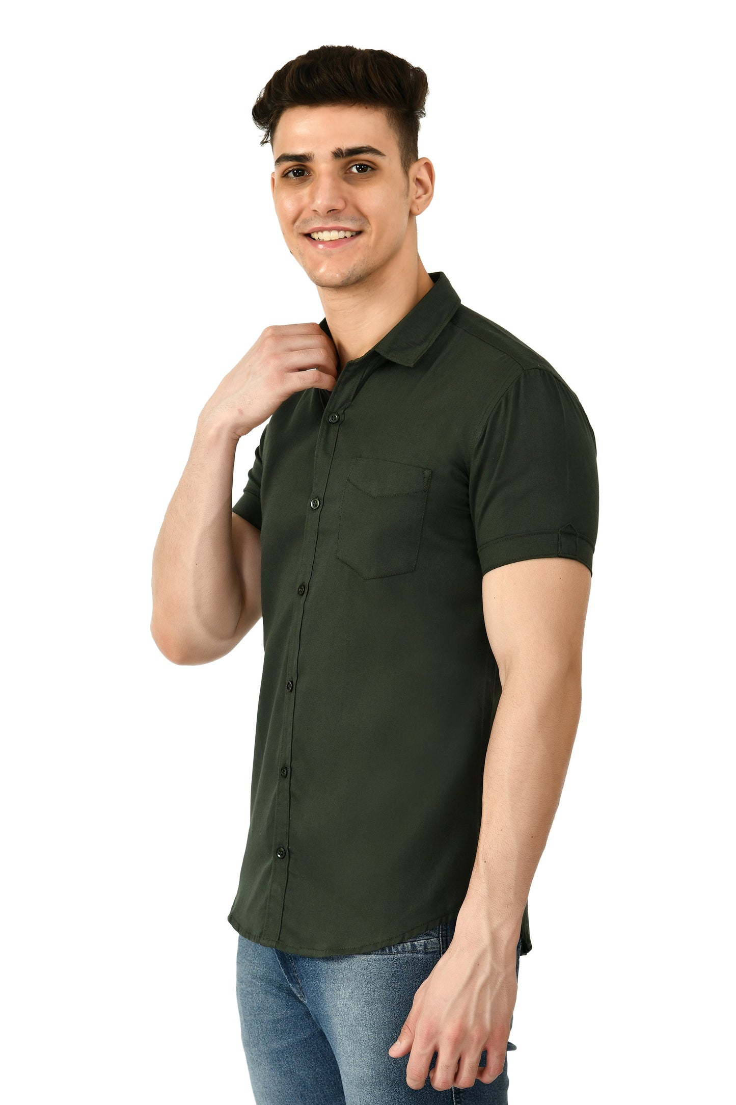 Short Sleeve Cotton Spread Collar Men's Shirt - Dark Green