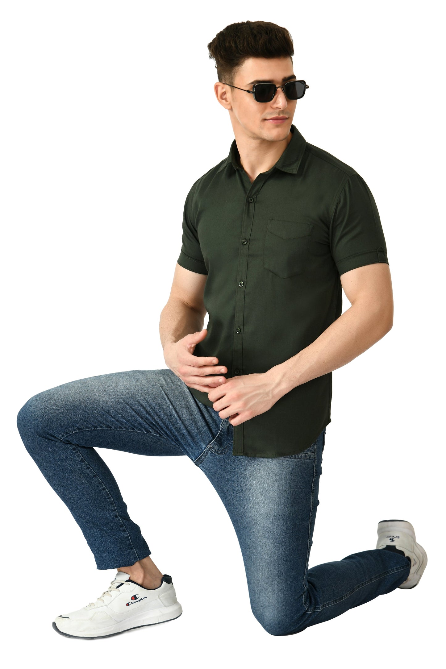 Short Sleeve Cotton Spread Collar Men's Shirt - Dark Green