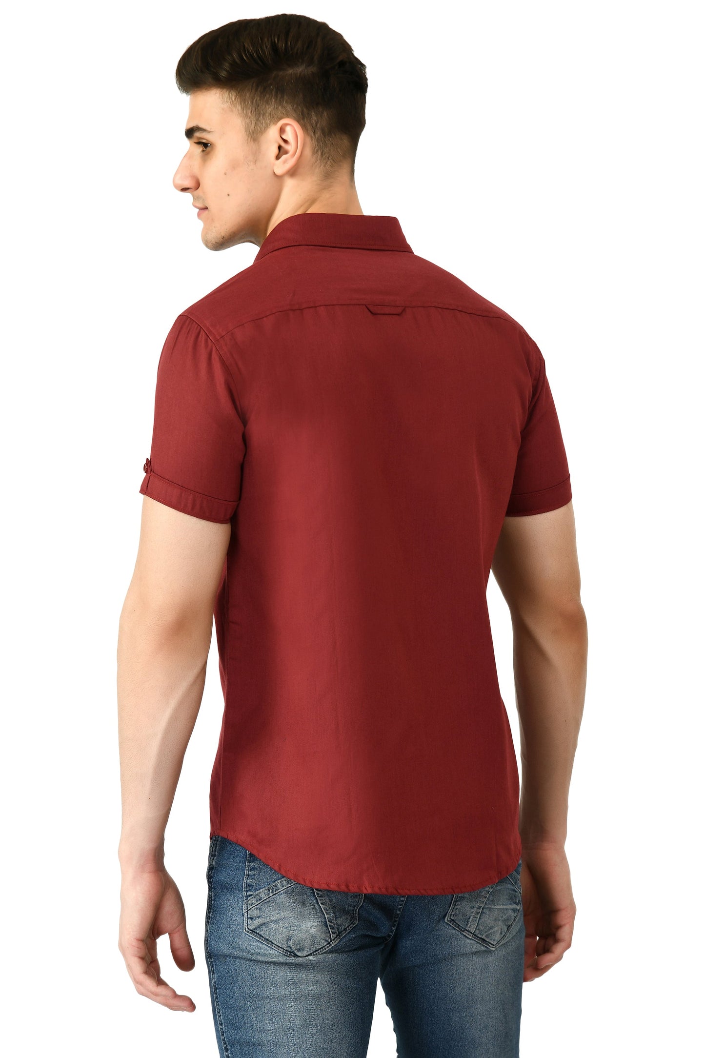 Short Sleeve Cotton Spread Collar Men's Shirt - Rust Red
