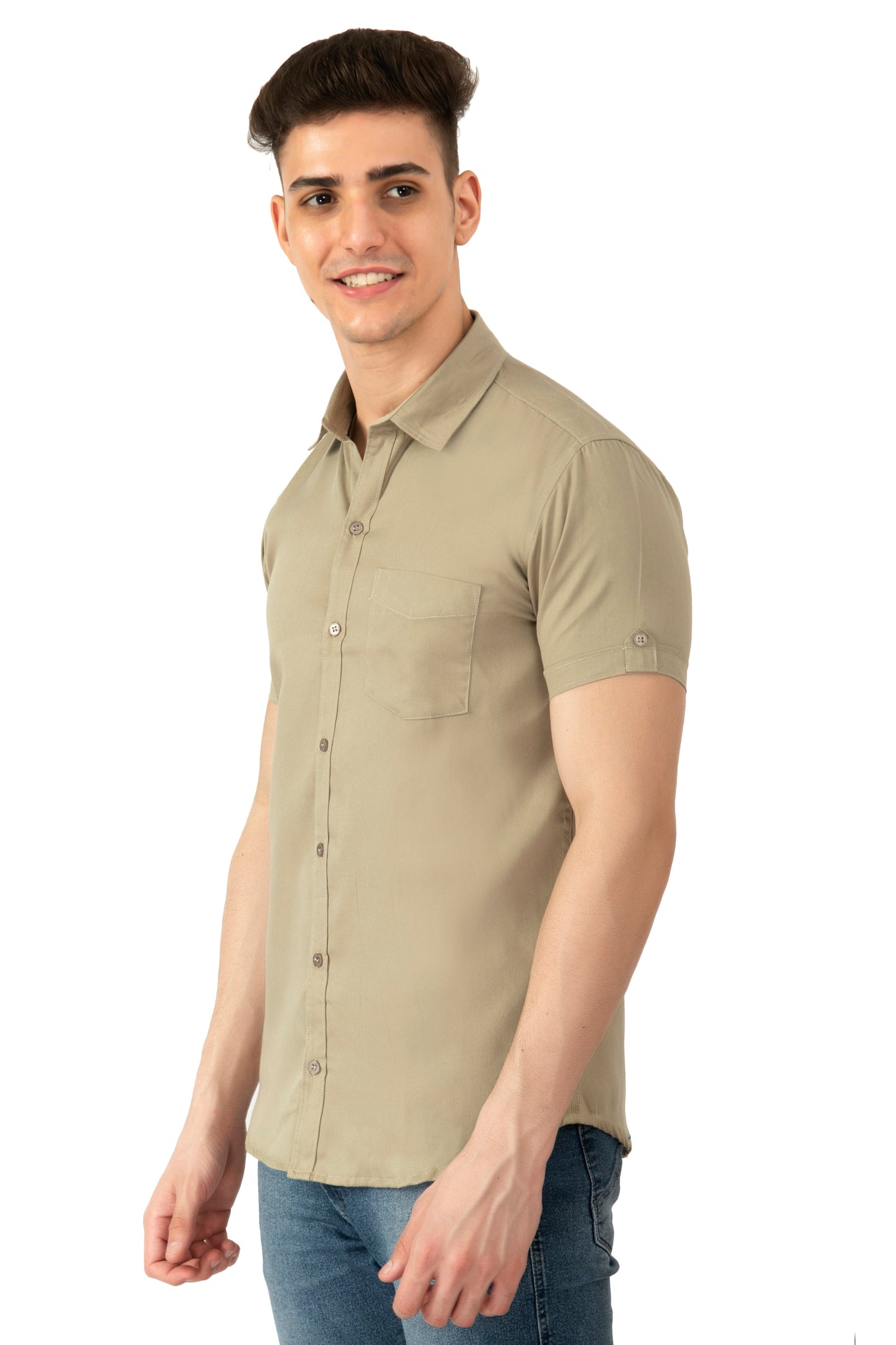 Short Sleeve Cotton Spread Collar Men's Shirt - Khaki