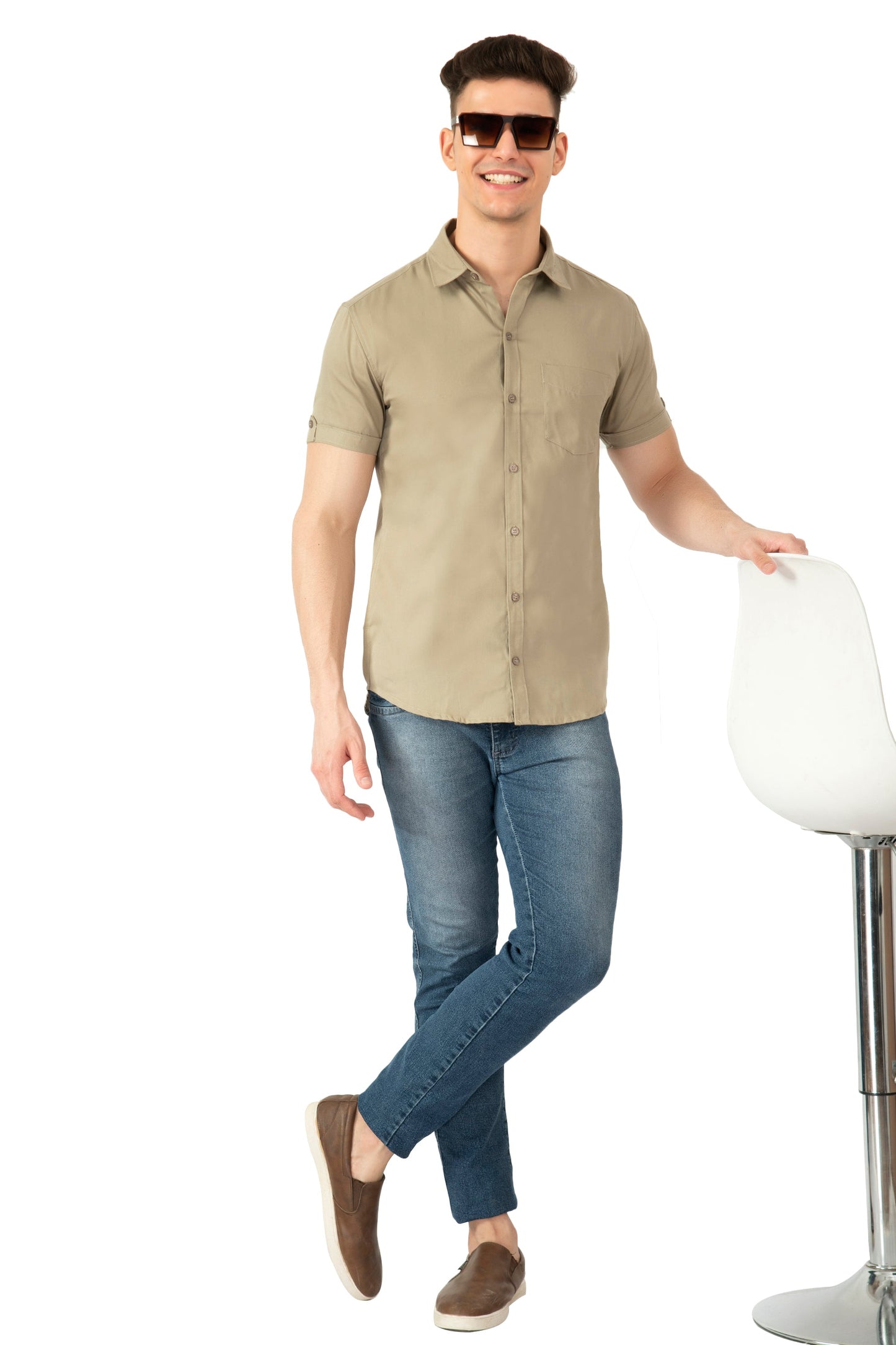 Short Sleeve Cotton Spread Collar Men's Shirt - Khaki