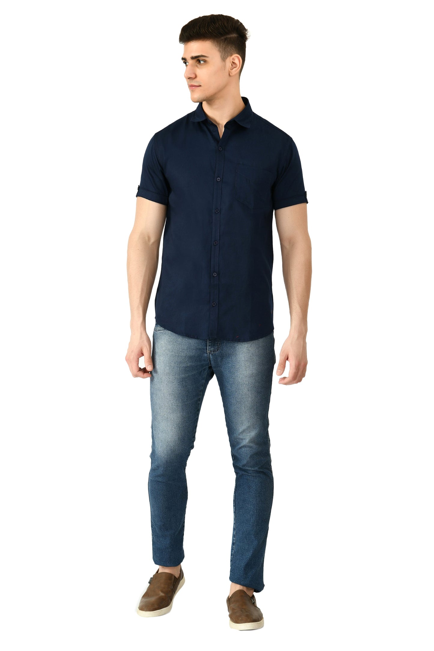 Short Sleeve Cotton Spread Collar Men's Shirt - Navy Blue