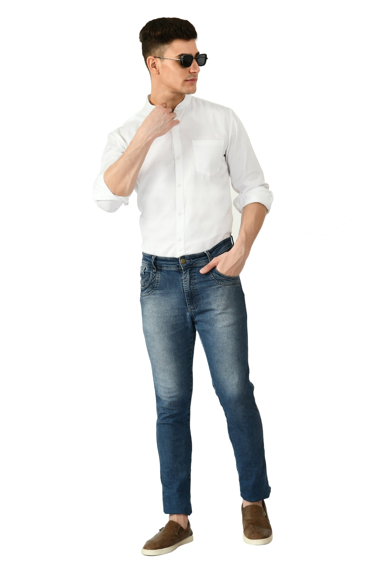 Full Sleeve Cotton Chinese Collar Men's Shirt - White