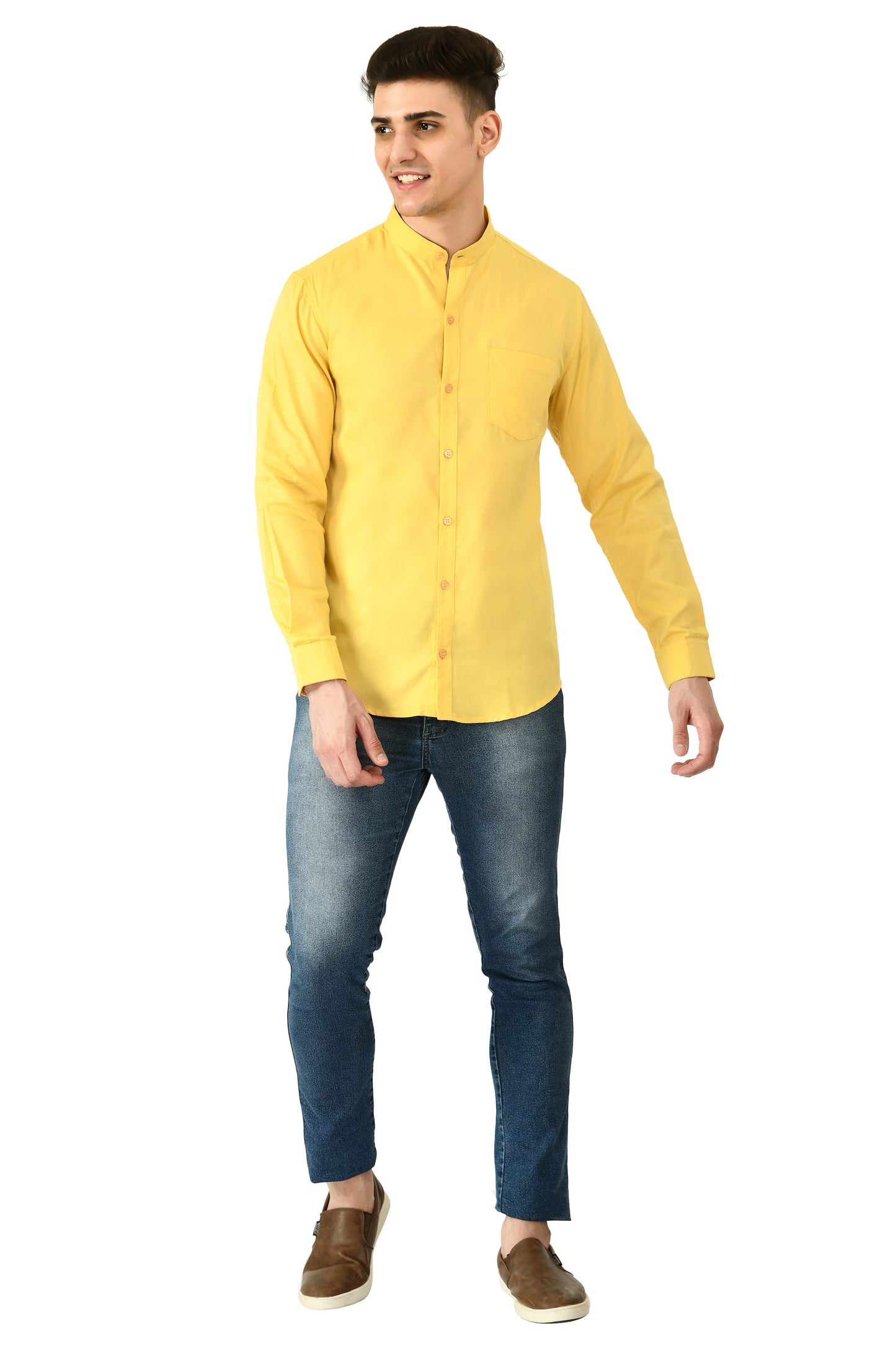 Full Sleeve Cotton Chinese Collar Men's Shirt - Yellow