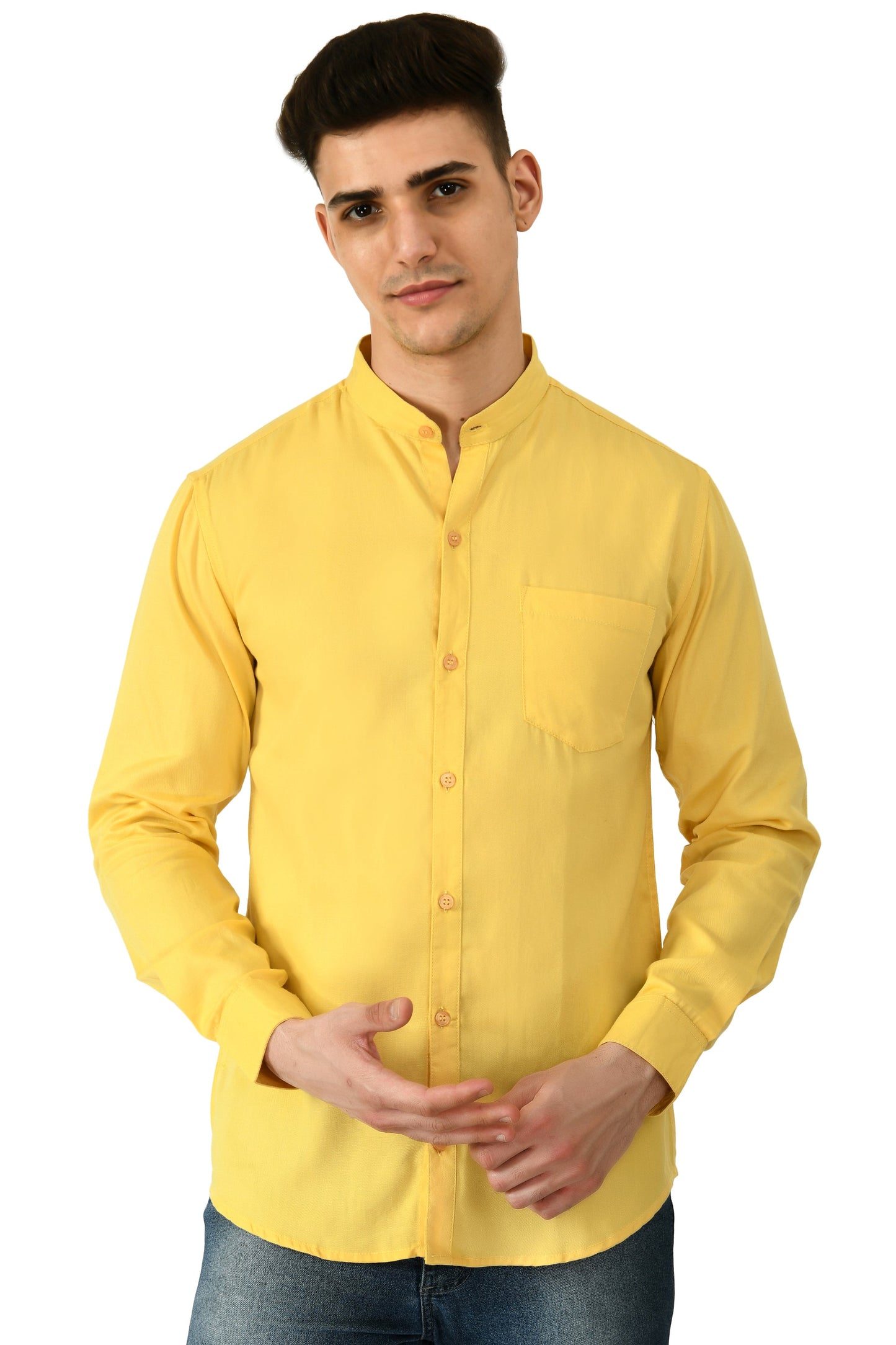 Full Sleeve Cotton Chinese Collar Men's Shirt - Yellow