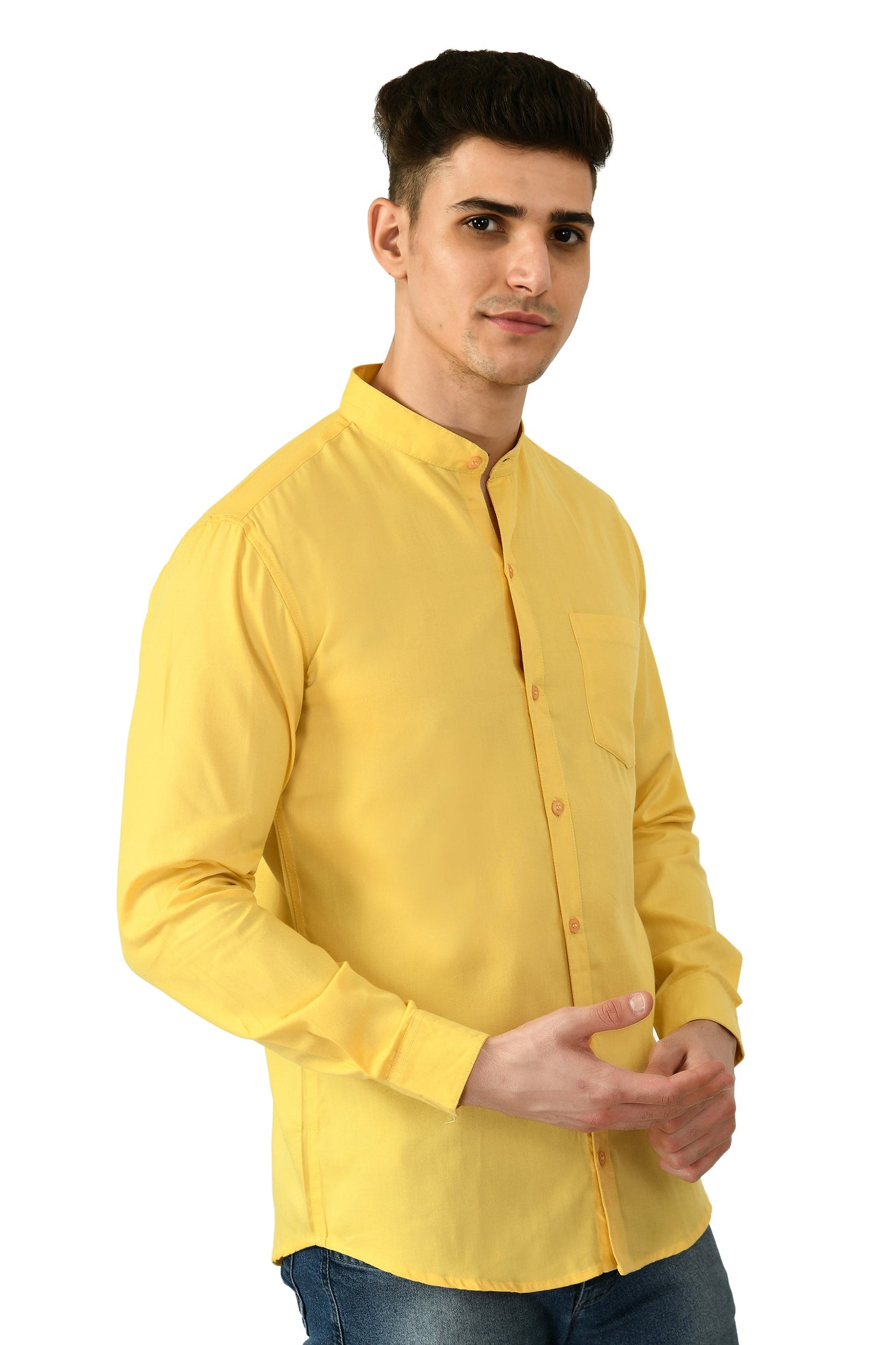 Full Sleeve Cotton Chinese Collar Men's Shirt - Yellow