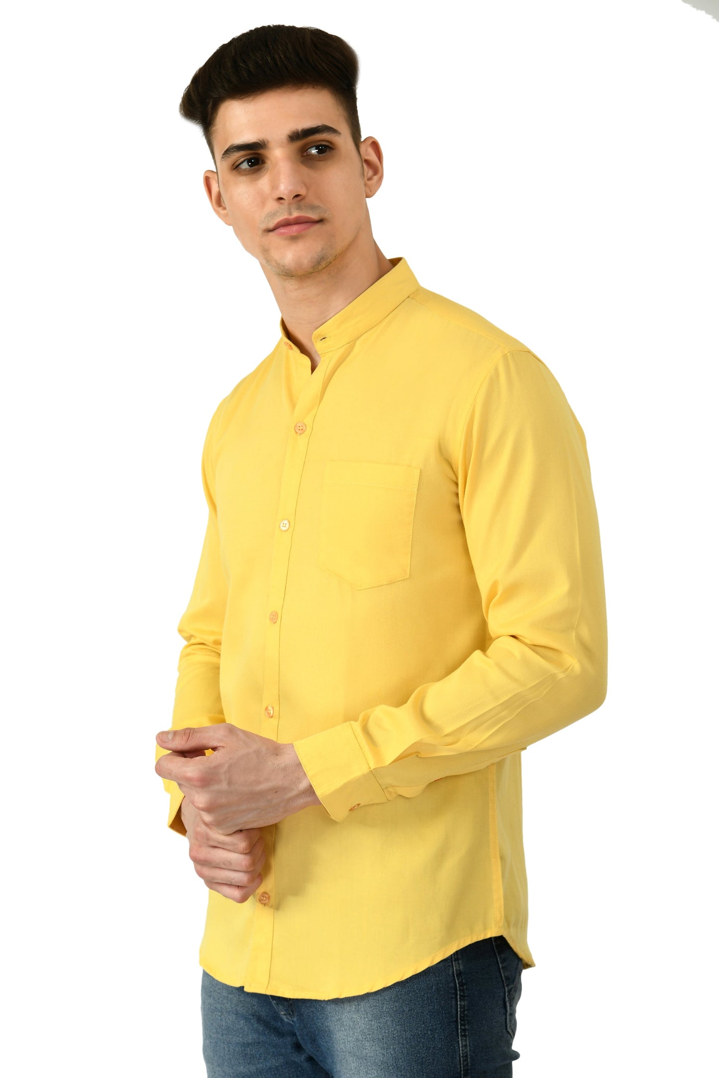 Full Sleeve Cotton Chinese Collar Men's Shirt - Yellow