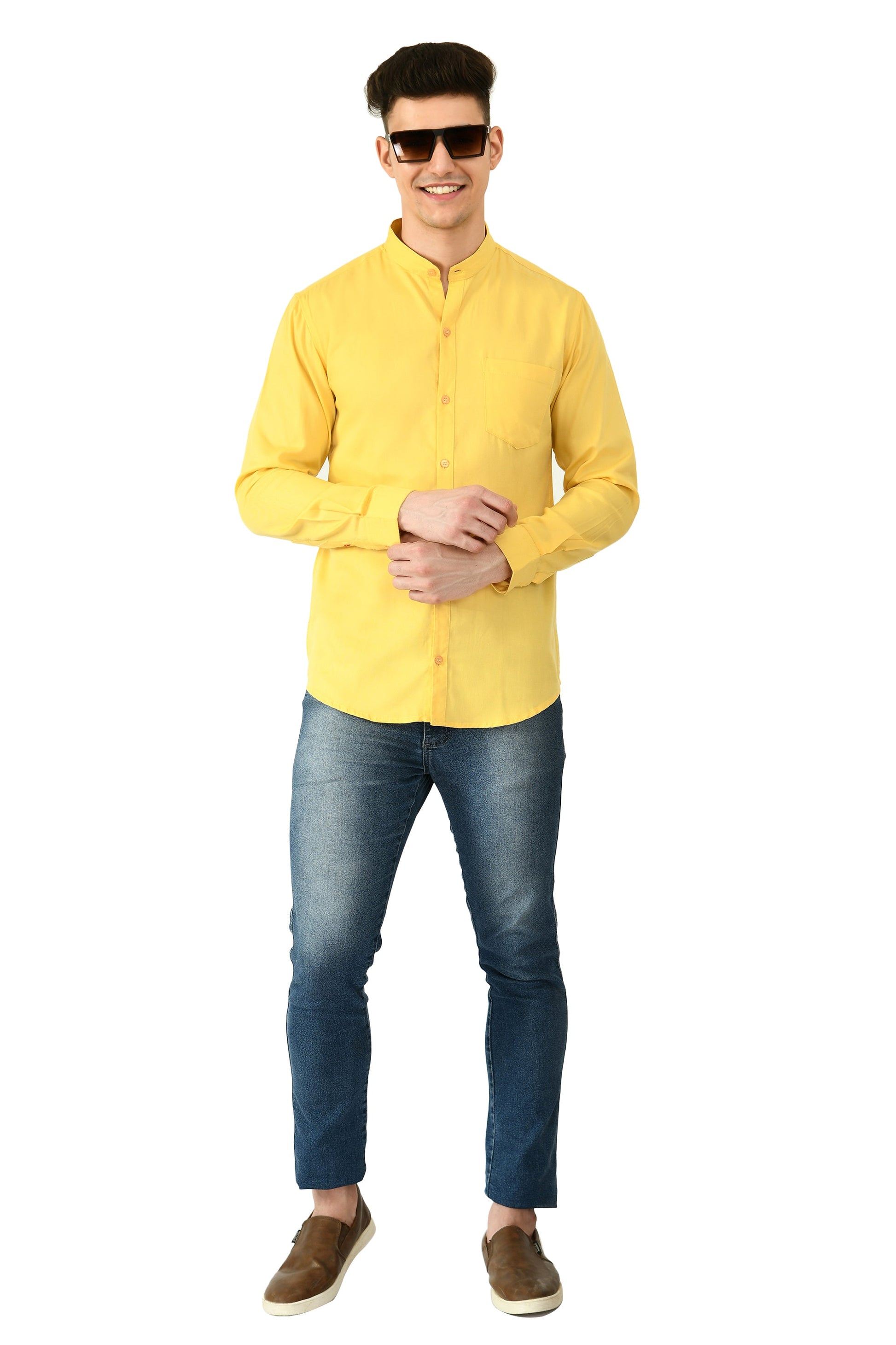 Full Sleeve Cotton Chinese Collar Men's Shirt - Yellow