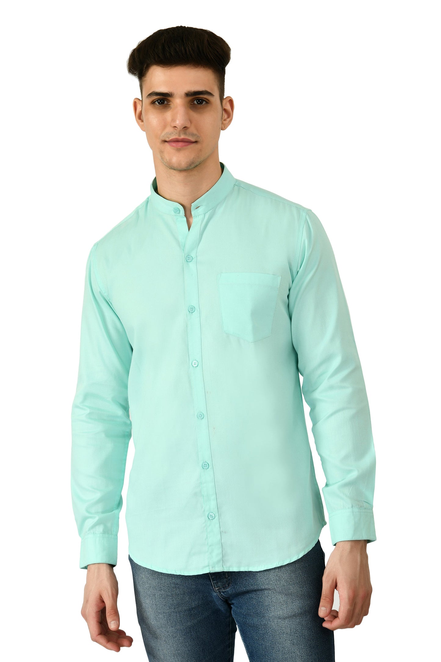 Full Sleeve Cotton Chinese Collar Men's Shirt - Aqua Blue