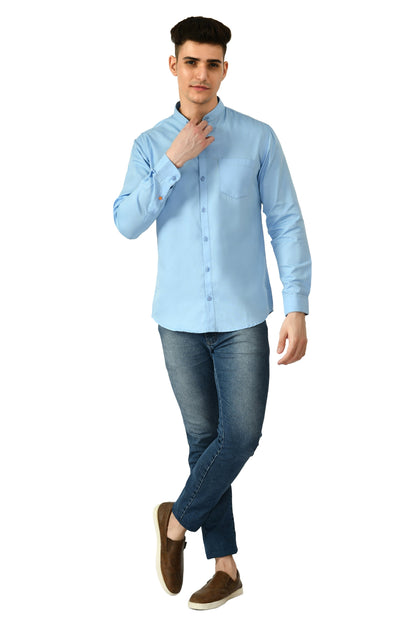 Full Sleeve Cotton Chinese Collar Men's Shirt - Light Blue