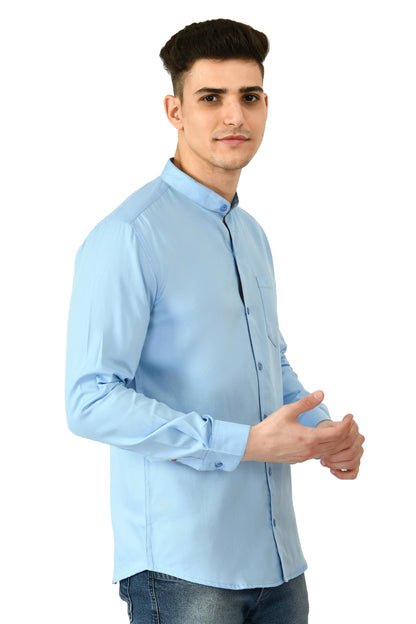 Full Sleeve Cotton Chinese Collar Men's Shirt - Light Blue