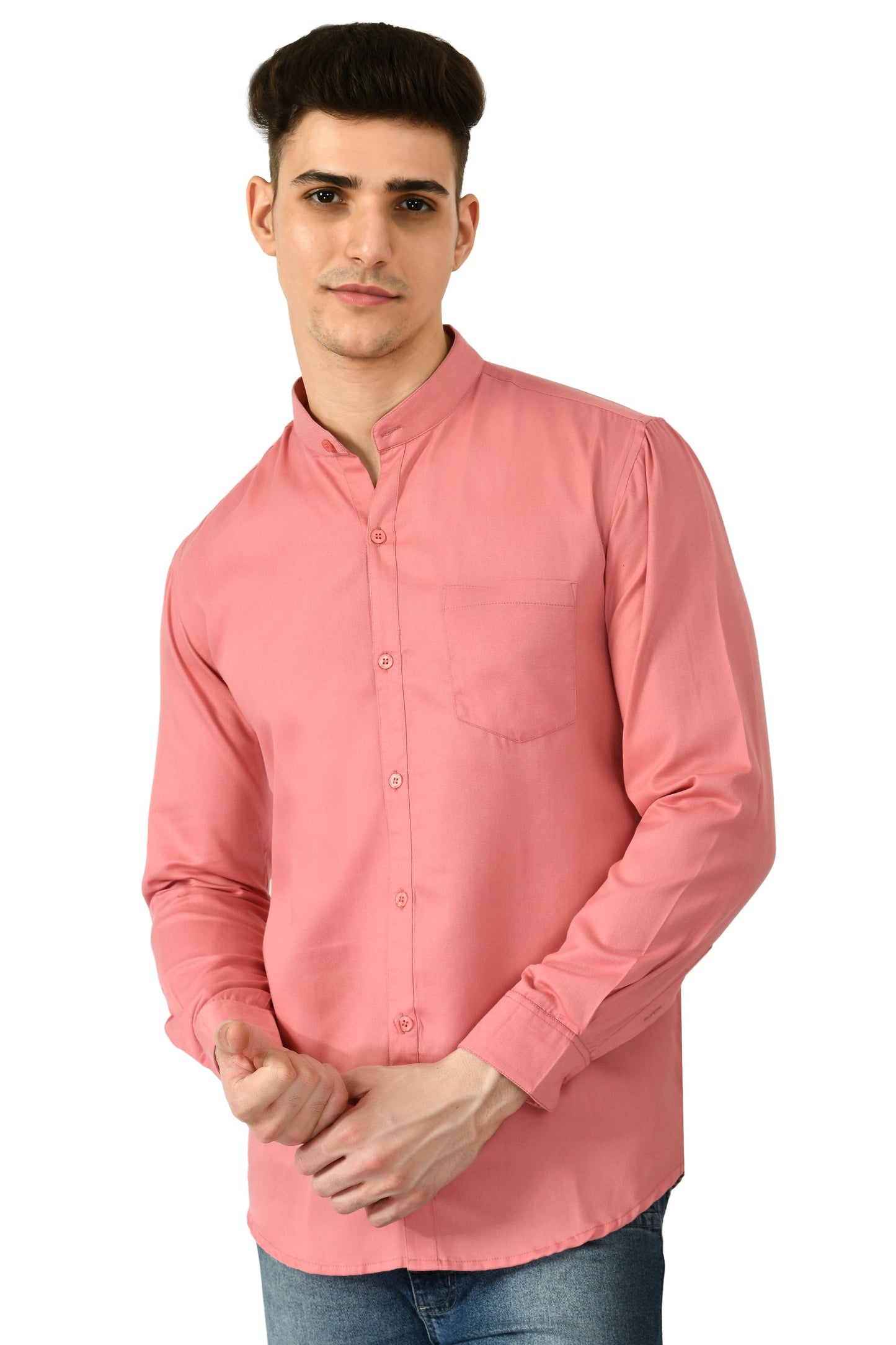 Full Sleeve Cotton Chinese Collar Men's Shirt - Dark Peach