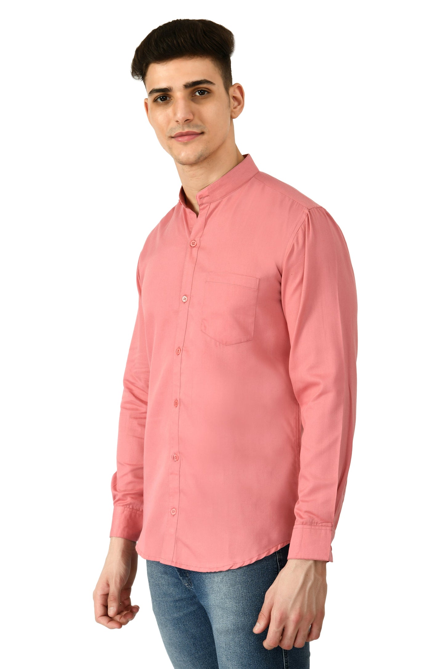 Full Sleeve Cotton Chinese Collar Men's Shirt - Dark Peach