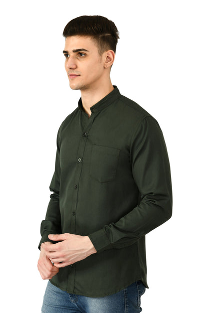Full Sleeve Cotton Chinese Collar Men's Shirt - Dark Green