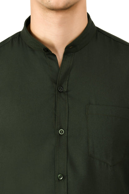 Full Sleeve Cotton Chinese Collar Men's Shirt - Dark Green