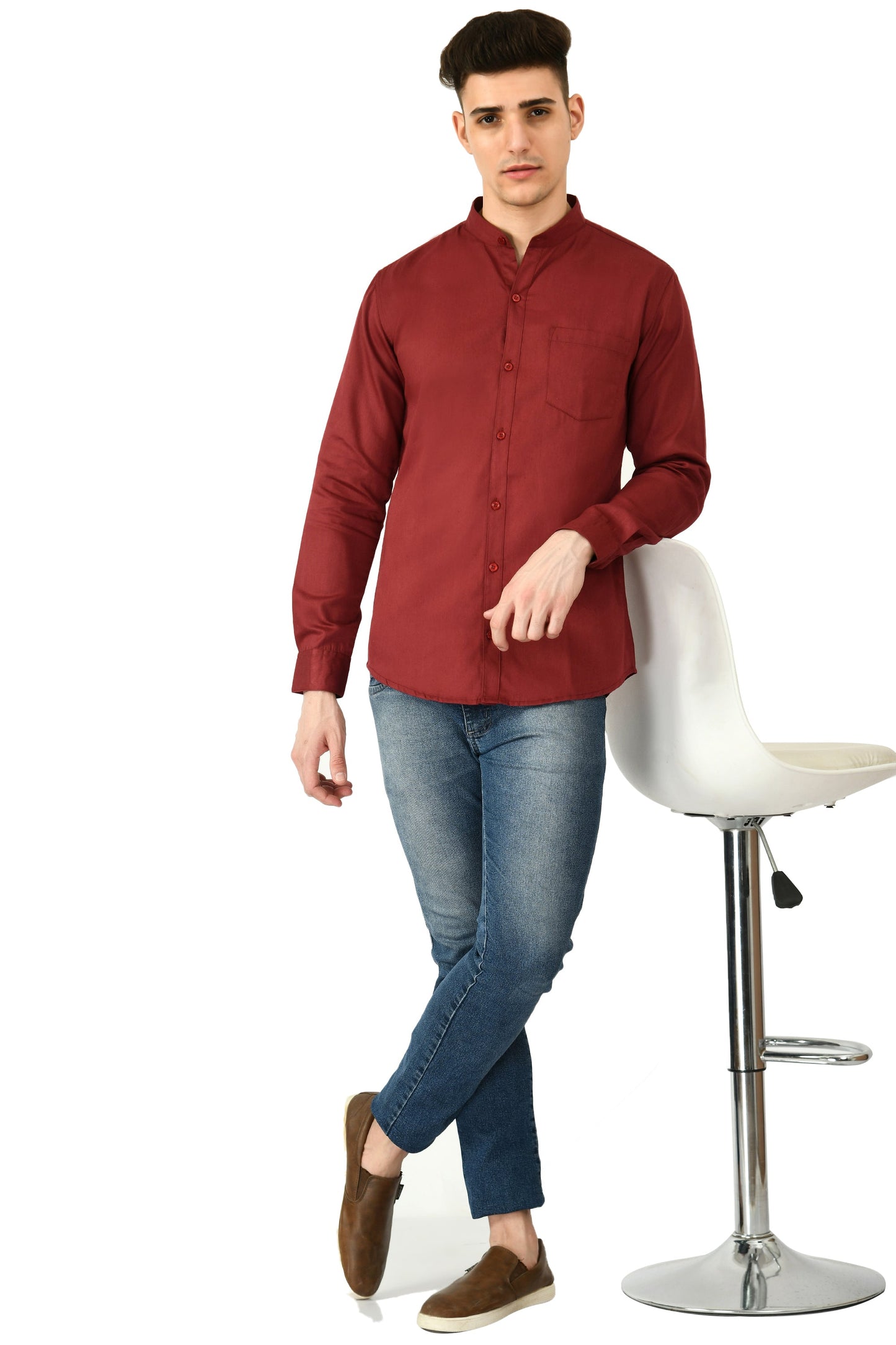 Full Sleeve Cotton Chinese Collar Men's Shirt - Rust Red