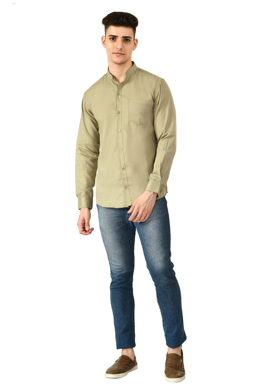 Full Sleeve Cotton Chinese Collar Men's Shirt - Khaki