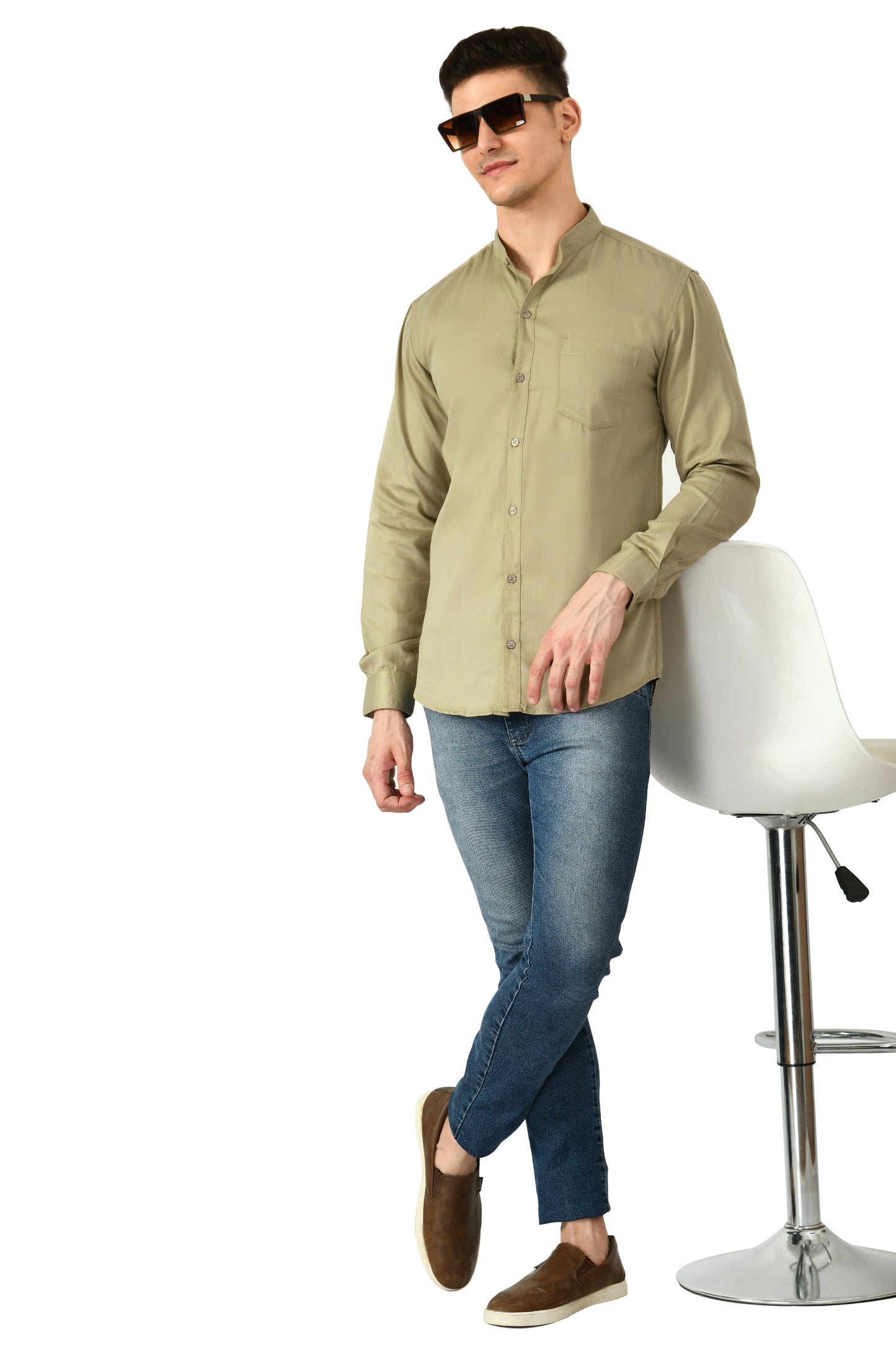 Full Sleeve Cotton Chinese Collar Men's Shirt - Khaki