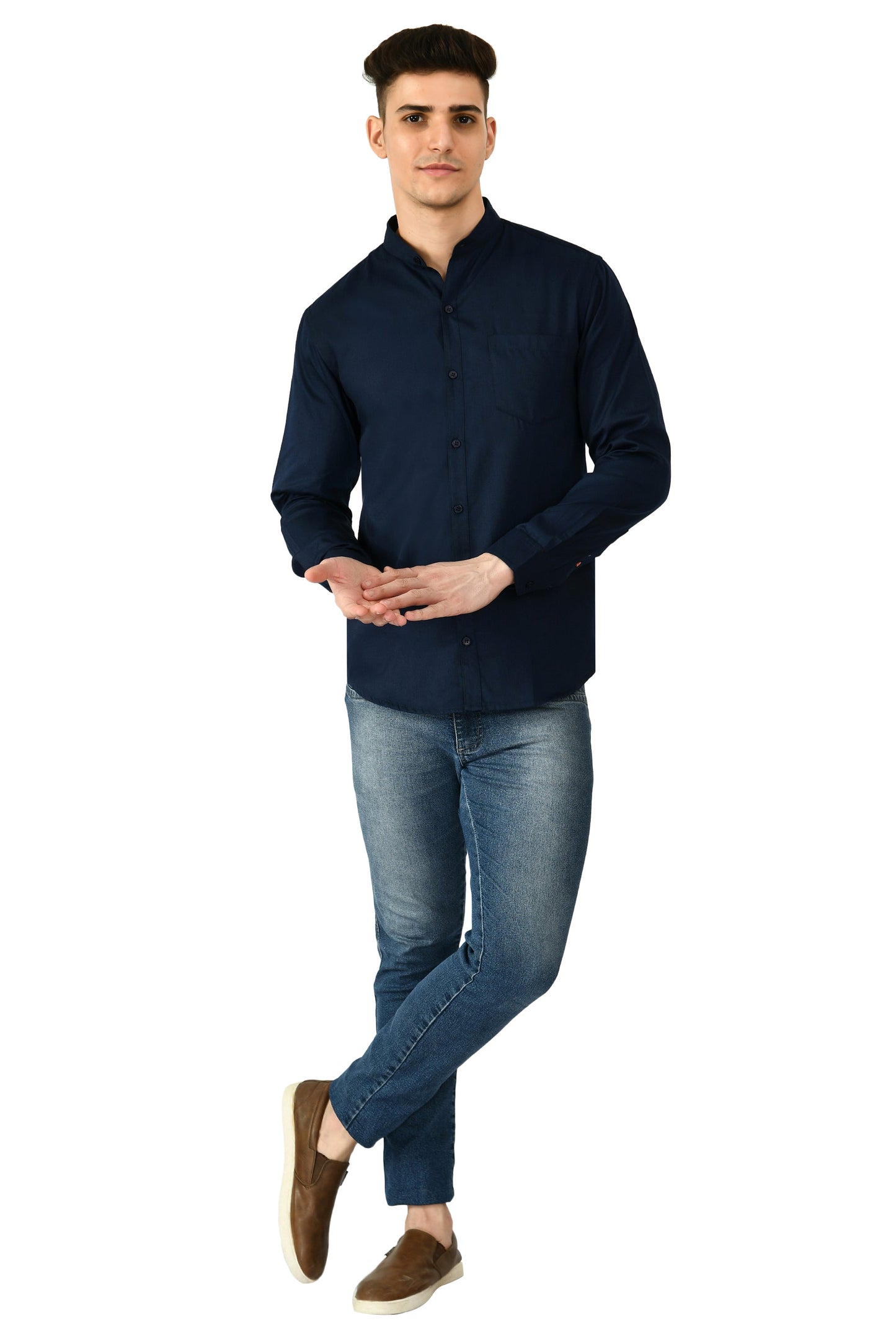 Full Sleeve Cotton Chinese Collar Men's Shirt - Navy Blue
