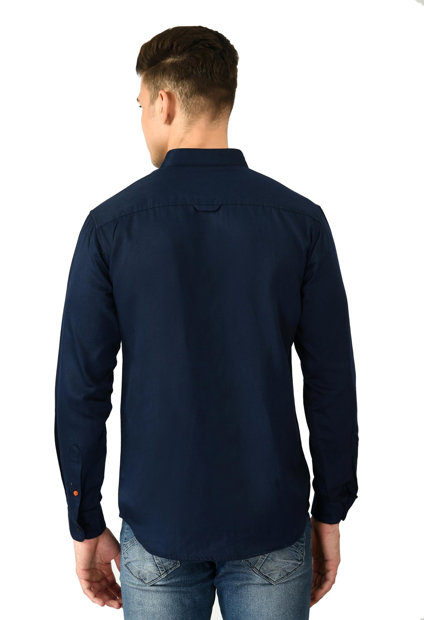 Full Sleeve Cotton Chinese Collar Men's Shirt - Navy Blue