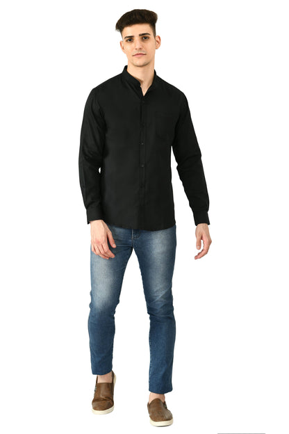 Full Sleeve Cotton Chinese Collar Men's Shirt - Black